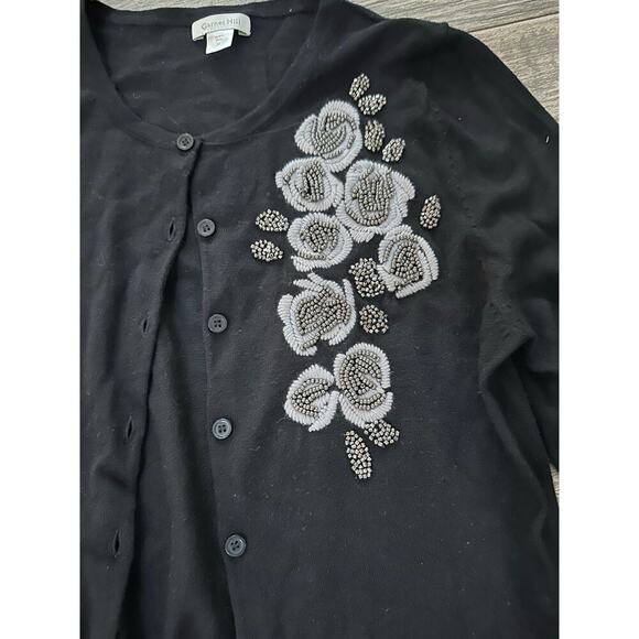 Garnet Hill Wool merino Black Embroidered Button Front Cardigan Sweater Size M - Picture 3 of 7